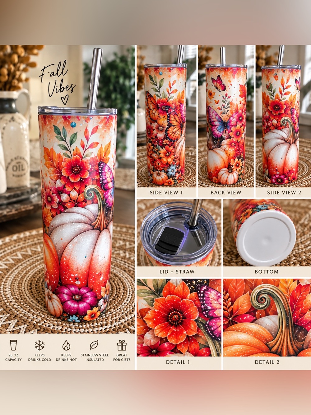 Fall Floral Pumpkin Stainless Steel Tumbler - Orange Butterfly Design
